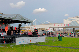 Stage and sound setup outside the Excel Centre